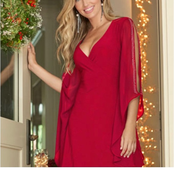 Venus Embellished Sleeve Cold Shoulder Wrap Dress Red Large - Picture 1 of 5
